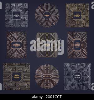 Vector set of art deco frames, line design patterns. Golden, silver, copper borders, luxury labels, abstract logos. Vintage gatsby fancy package Stock Vector