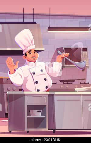 Chef on restaurant kitchen interior cook food vector commercial illustration. Professional equipment and man character busy cooking scene. 3d dish preparation with cooker cartoon graphic background Stock Vector