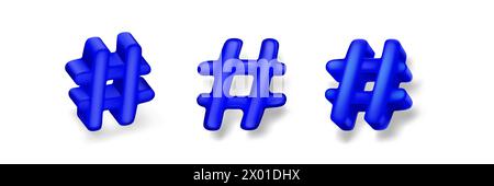 Hashtag 3D signs set isolated on white background. Vector realistic illustration of social media app or website user interface design elements in blue color, key topic symbol front and side view Stock Vector
