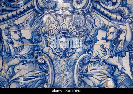 Close up of the detail of traditional blue and white ceramic tiles inside the Cathedral of Porto; traditional Portuguese ceramic tiles decoration Stock Photo