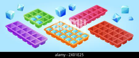 Ice cube tray. Frozen water mold icon isolated. Square container for kitchen refrigerator clipart. Isometric form for freezing liquid drink. Icicle piece pack to refrigerate drawing graphic asset Stock Vector