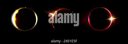 Solar eclipse and moon light neon ring vector. Fire glow in halo. Galaxy effect on fantasy sphere in yellow and red. Realistic frame overlay. Total black background and magic edge sparks energy Stock Vector