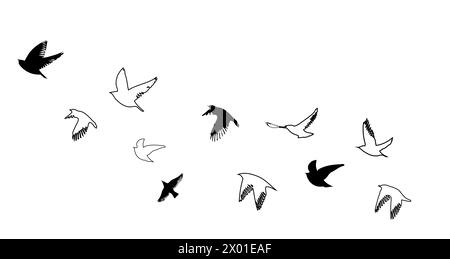 Flying birds silhouette flock. hand drawing. Not AI, Vector illustration Stock Vector