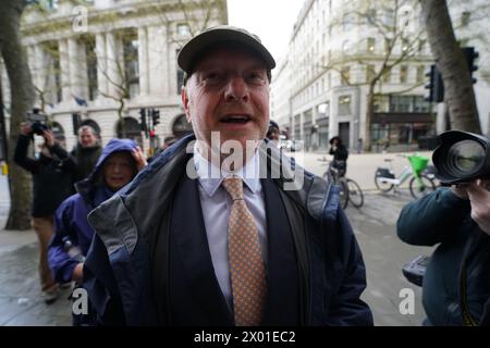 Former subpostmaster and lead campaigner Alan Bates arrives at Aldwych House, central London, to give evidence to Post Office Horizon IT inquiry. Mr Bates will give evidence as part of phases five and six of the probe, which will look at governance, redress and how the Post Office and others responded to the scandal. Picture date: Tuesday April 9, 2024. Stock Photo