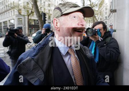 Former subpostmaster and lead campaigner Alan Bates arrives at Aldwych House, central London, to give evidence to Post Office Horizon IT inquiry. Mr Bates will give evidence as part of phases five and six of the probe, which will look at governance, redress and how the Post Office and others responded to the scandal. Picture date: Tuesday April 9, 2024. Stock Photo