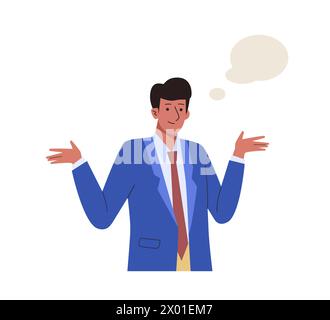 Businessman in suit wondering with speech bubbles. Surprised shocked male character design in a questioned pose Stock Vector