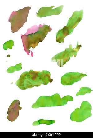 Set collection of abstract acrylic stickers with green and gold brush strokes on white isolated background. Design elements Stock Photo