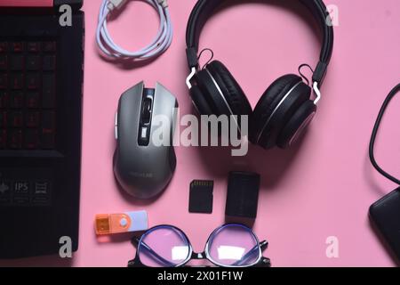 4 September 2023, Photos about laptop technology, headphones, flash drives, data cables, Wonosobo, Indonesia Stock Photo