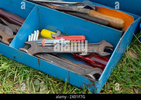 set of old tools for construction Stock Photo