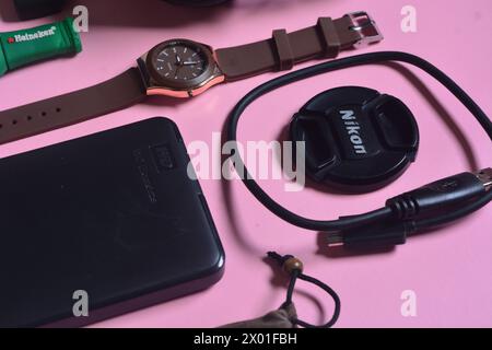 4 September 2023, Photos about laptop technology, headphones, flash drives, data cables, Wonosobo, Indonesia Stock Photo