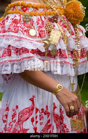 Panamanian woman with the National dress La Pollera,  Panama city, Central America - stock photo Stock Photo