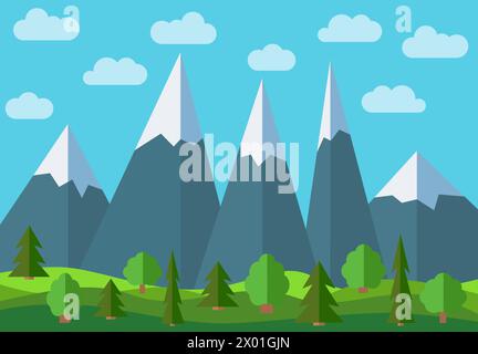 Vector panoramic mountain cartoon landscape. Natural landscape in the flat style with blue sky, clouds, trees, hills and mountains with snow on the pe Stock Vector