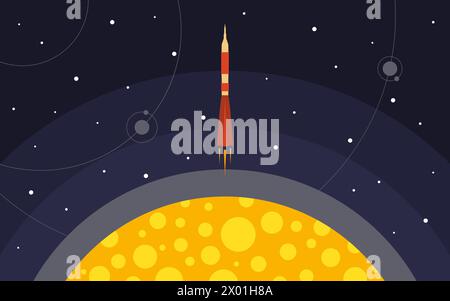 The rocket is removed from the planet. The rocket in space. Space travel. Vector illustration with flying rocket. Stock Vector