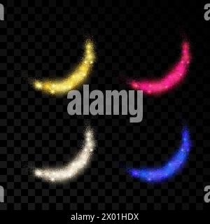 Set of four light wave with gold, silver, red and blue glitter effects on a dark transparent background. Abstract swirl lines. Vector illustration Stock Vector