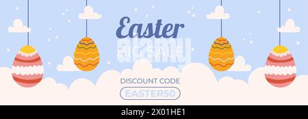 Easter sale horizontal banner template for promotion. Design on sky blue background with painted eggs hanging by a string, white clouds around Stock Vector