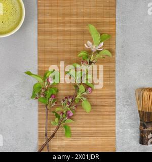 Twig with leaves and flower buds, marcha and other asian utensils. top view. Stock Photo