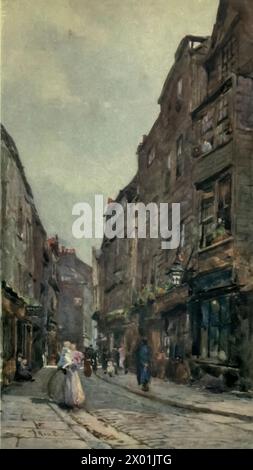Illustration of Cloth Alley, Smithfield. The great London carnival, Bartholomew Fair, used to be held here. Watercolour painted by Rose Barton from 'Familiar London' (1904). Stock Photo