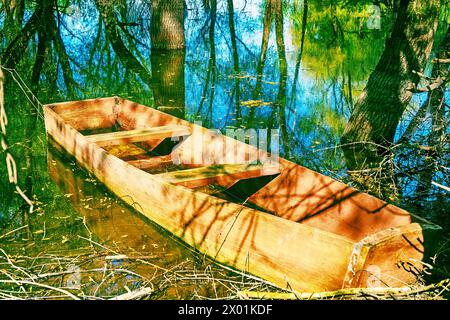 Old simple wooden one oar flat-bottomed boat design for inland waters. It resembles coffin and in such boats ancestors of Slavs were buried, Charon ca Stock Photo