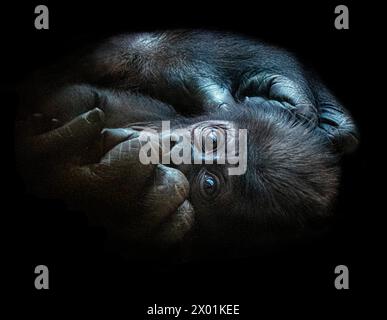 An endangered baby gorilla stares at the photographer LONDON ZOO, ENGLAND THE CUTEST British baby animals have been captured in zoos across the UK.  R Stock Photo