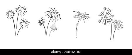 Set fireworks doodle line explosion radial sparkler with rays, hand drawn firecrackers simple and round decoration isolated on white background. Vector illustration Stock Vector