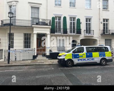 The scene on Stanhope Place, Bayswater, where a murder investigation is under way after a woman was found dead with a number of stab wounds in her home in Westminster, the Metropolitan Police has said. Picture date: Tuesday April 9, 2024. Stock Photo