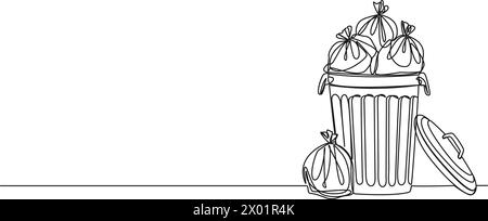 continuous single line drawing of trash can overflowing with trash bags, line art vector illustration Stock Vector