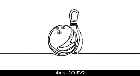 One single line drawing of bowling pins falling apart hit by bowling ball at alley lane graphic vector illustration. Leisure activity and game sport c Stock Vector