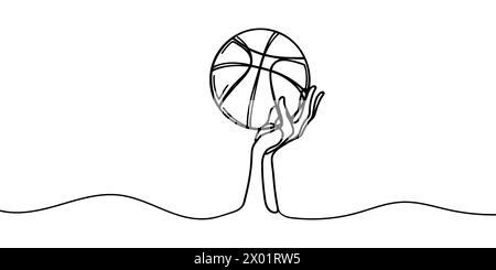 Basketball. Spin the basketball ball on your index finger. One continuous drawing line logo single hand drawn art doodle isolated minimal illustration Stock Vector