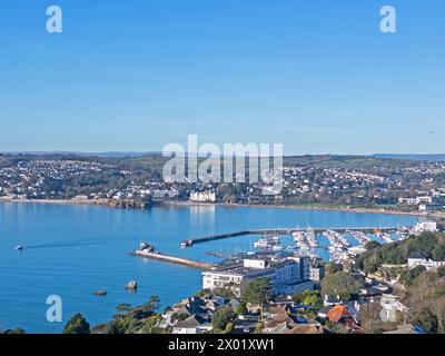 An aerial drone photograph of Torquay showing the harbour and Torre Abbey Sands in the heart of Torbay known as the English Riviera. Stock Photo