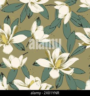 Seamless floral pattern in warm colors with white magnolia flowers and leaves Stock Photo
