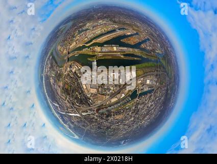Aerial view, Duisport - Duisburg harbor, harbor area with oil island, coal island and scrap island, river Ruhr, earth globe, fisheye image, fisheye im Stock Photo