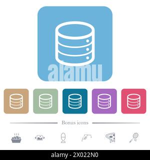 Database outline white flat icons on color rounded square backgrounds. 6 bonus icons included Stock Vector