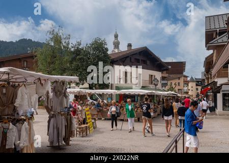 The street market in the historic centre of the popular ski resort in the French Alps in summer, Megeve, Haute Savoie, Auvergne Rhone Alpes, France Stock Photo