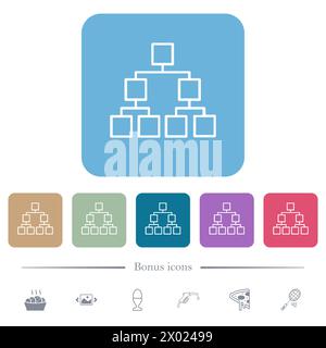 Organizational chart down outline white flat icons on color rounded square backgrounds. 6 bonus icons included Stock Vector