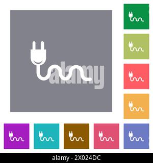 Socket plug and cable solid flat icons on simple color square backgrounds Stock Vector