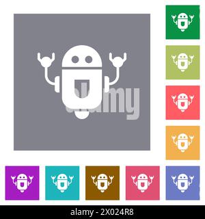 Rolling robot flat icons on simple color square backgrounds Stock Vector