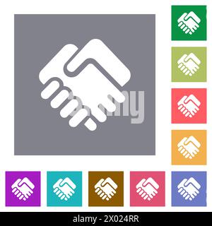 Handshake solid flat icons on simple color square backgrounds Stock Vector