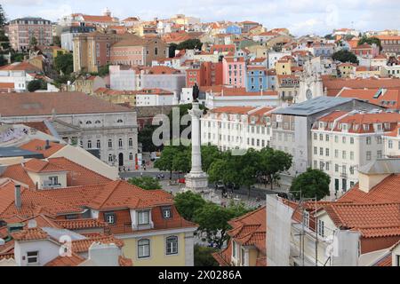 Rossio Square in Lisbon with the Column of Pedro IV of Portugal, known as “the Soldier King” in the middle. Stock Photo