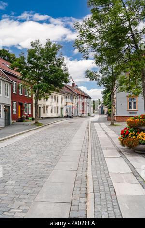 Traditional colorful houses line the cobblestone street of Øvre Bakklandet in Trondheim, Norway on a sunny summer day, tourist travel destination. Stock Photo