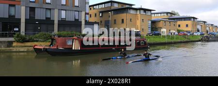 Rowers in Brayford Pool Waterfront; Lincoln Marina; Lincoln City, Lincolnshire County, England, UK Stock Photo