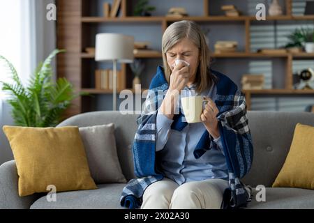 Senior woman feeling unwell while resting wrapped in checkered blanket and getting warmed with hot drink in ceramic cup. Sneezing lady blowing nose to paper napkin and antiviral tea indoors. Stock Photo