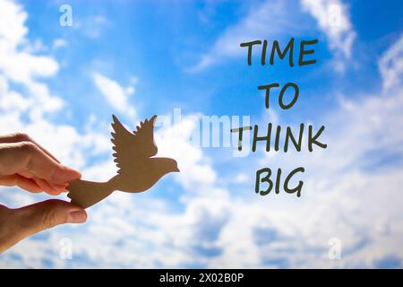 Time to think big symbol. Concept words Time to think big. Beautiful blue sky cloud background. Voter hand with wooden bird. Business and time to thin Stock Photo