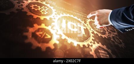 ICT. Information communication technology concept on mixed media background Stock Photo