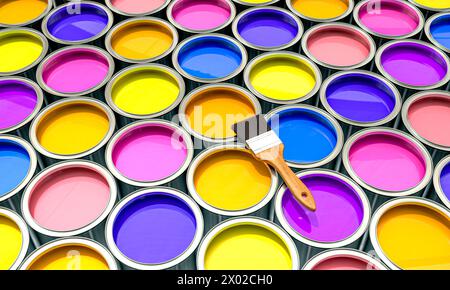 Top view of colorful paint cans in a pattern with a brush on top, 3d render Stock Photo