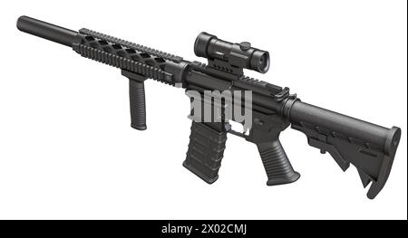 3d rendering of a black sniper rifle with scope isolated on a white background Stock Photo