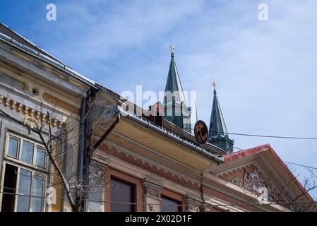 03 April, 2024, Sombor, Serbia , Facades in the main street in Sombor, Serbia. Stock Photo