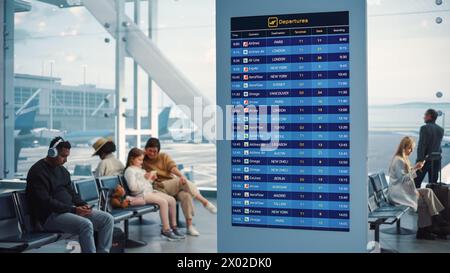 Airport Terminal: Arrival, Departure Information Display Showing all the Useful Flight Data For Travelers. Backgrond: Diverse Crowd of People Wait for their Flights in Boarding Lounge of Airline Hub Stock Photo