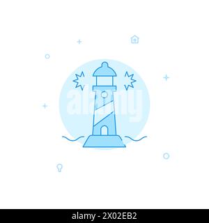 Lighthouse, seashore vector icon. Flat illustration. Filled line style. Blue monochrome design. Editable stroke. Adjust line weight. Stock Vector