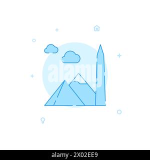 Egyptian pyramids and obelisk vector icon. Flat illustration. Filled line style. Blue monochrome design. Editable stroke. Adjust line weight. Stock Vector