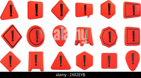 Red 3D warning signs. Hazard danger symbols with exclamation marks, emergency caution safety icons and attention alert signs vector illustration set Stock Vector